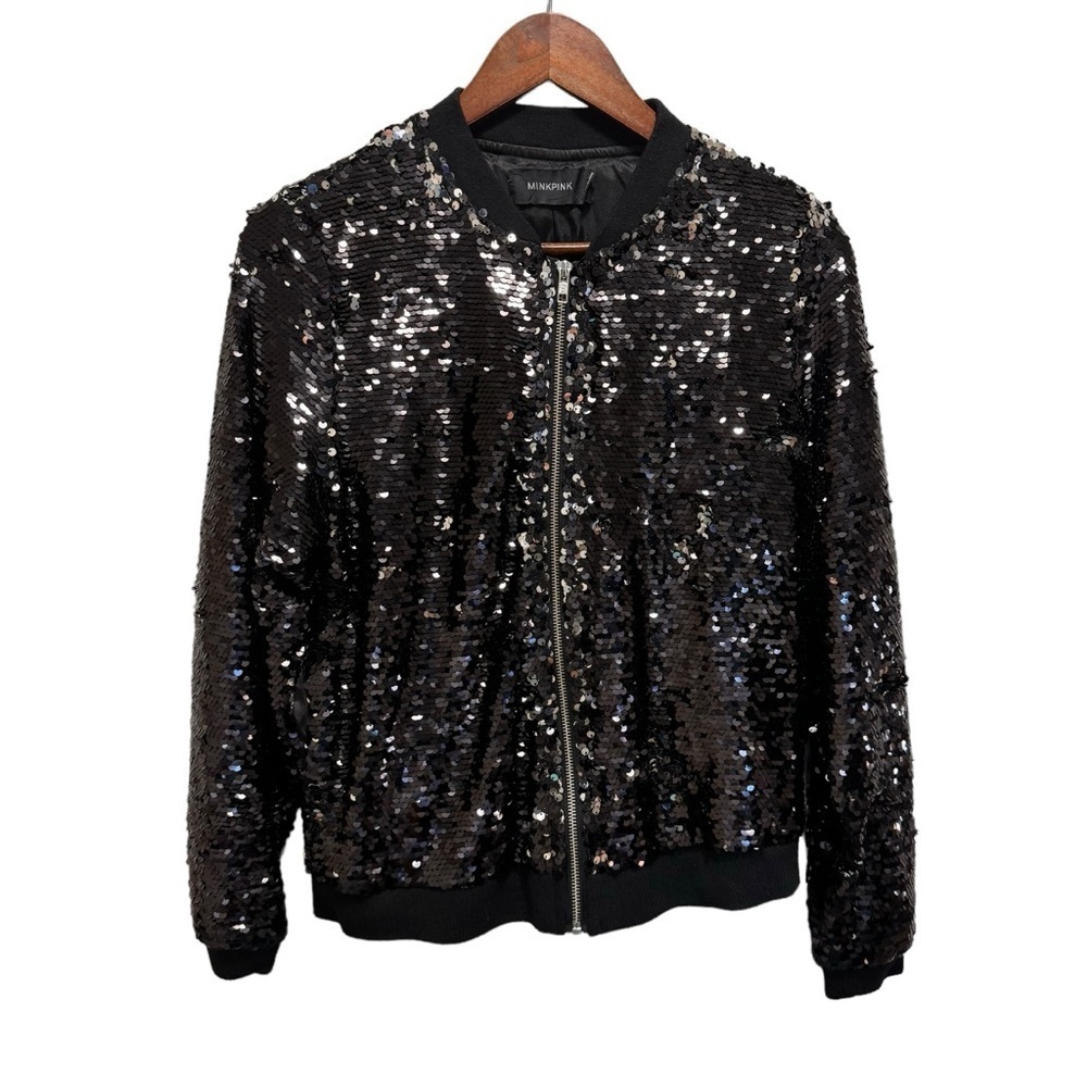 Minkpink Black Sequin Bomber Jacket Size Medium